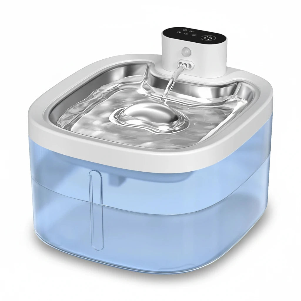 Pet water fountain with blue reservoir and white top on a white background
